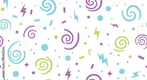 Confetti and swirls seamless pattern on transparent background