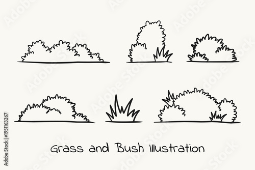 Bush and Grass Hand Drawn Doodle Outline Drawing Vector Illustration