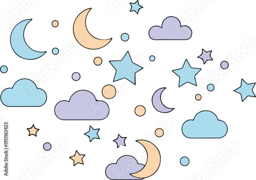 Cute pattern of moons, stars, and clouds in pastel colors creating a whimsical dreamlike background design
