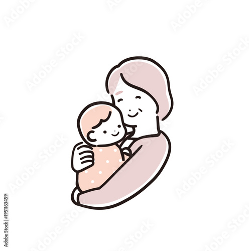 優しいシンプルカラーの赤ちゃんを優しく抱っこする祖母｜育児・子育てイメージ