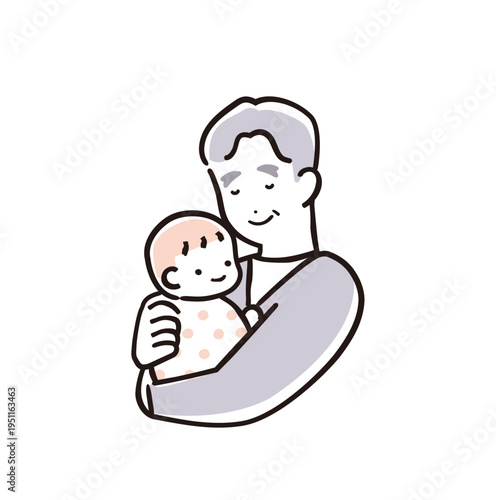 優しいシンプルカラーの赤ちゃんを抱っこする祖父｜育児・子育てイメージ
