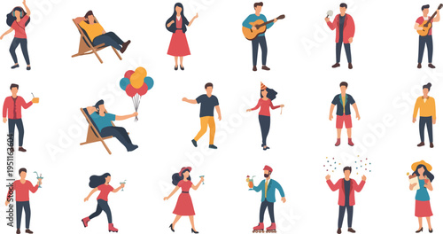 Diverse group of people in various casual poses and activities, illustrating social gatherings and lifestyle concepts