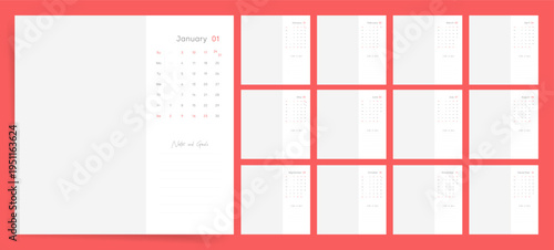 2027 Calendar template design. Week starts on Sunday office calendar. Desktop planner with notes section in simple clean style. English vector calendar layout.
