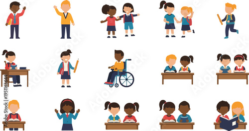Diverse school children collection featuring students learning sitting at desks using wheelchair and reading books together