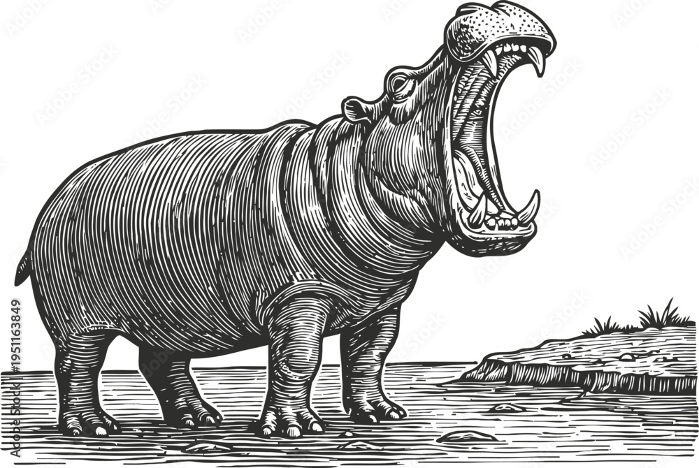 Fototapeta premium Detailed engraving of a roaring hippopotamus standing near the water edge with open mouth wide