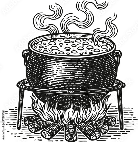 vintage cauldron boiling over firewood with steam rising old fashioned outdoor cooking pot on tripod stove