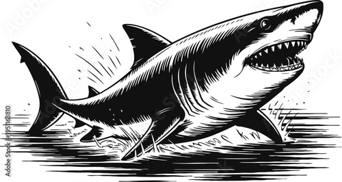 Aggressive great white shark breaching ocean surface dangerous predator with open jaws, sharp teeth showing hunting behavior