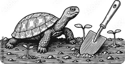 turtle crawling on soil near gardening trowel and young plant sprouts nature growth and outdoor gardening concept