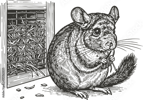 chinchilla rodent eating grass next to cage, detailed black and white engraved illustration