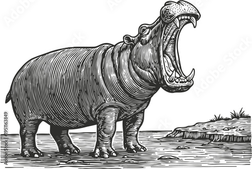 Detailed engraving of a roaring hippopotamus standing near the water edge with open mouth wide