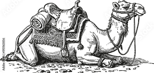 Resting camel with saddle lying on ground detailed vintage sketch drawing