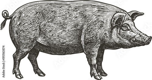 Detailed vintage illustration of a pig standing side view with textured fur lines