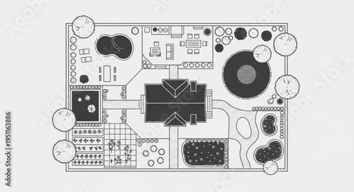 Detailed architectural plan showcasing a house and surrounding landscape.