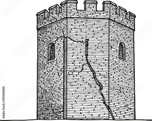 Old medieval brick tower with cracks, fortress architecture, ancient stone castle defense structure