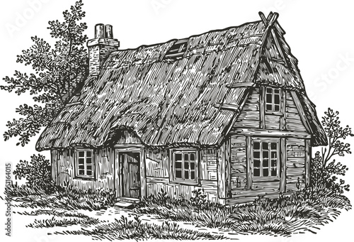 Rustic thatched cottage with wooden walls and chimney surrounded by trees and grass