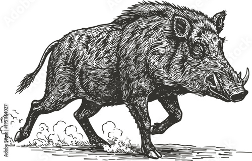 Wild boar running fiercely with detailed fur and tusks, vintage engraved animal illustration