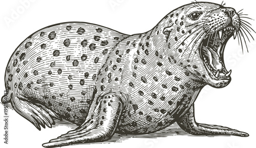 Roaring seal with spotted fur lying down, detailed vintage engraved marine animal illustration