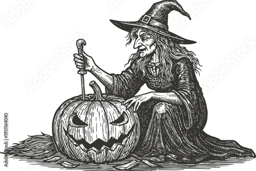 wise witch carving spooky jack o' lantern pumpkin for halloween celebration