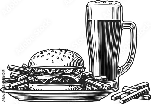 Classic burger with fries and a cold beer on a plate traditional american meal illustration