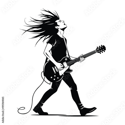A dynamic black and white illustration of a young guitar hero playing an electric guitar with energetic hair motion on a clean white background