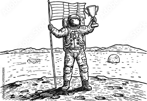 Astronaut holding trophy and flag on moon surface, space exploration achievement illustration