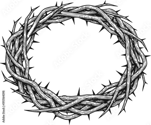 Crown of thorns illustration circular wreath made of twisted and spiked branches symbolizing suffering and sacrifice