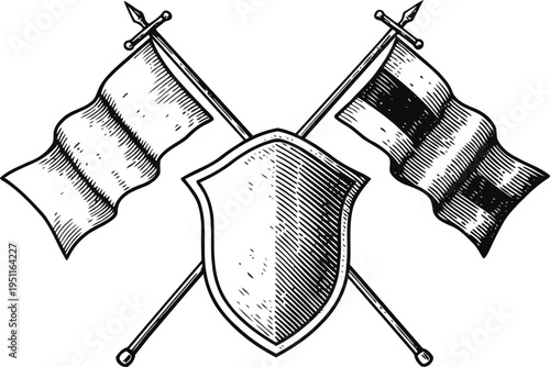 Crossed flags with detailed shield emblem in vintage hand drawn illustration