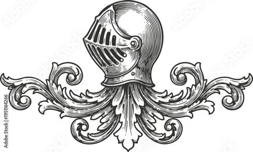 Medieval knight helmet combined with ornate floral engraving design in vintage