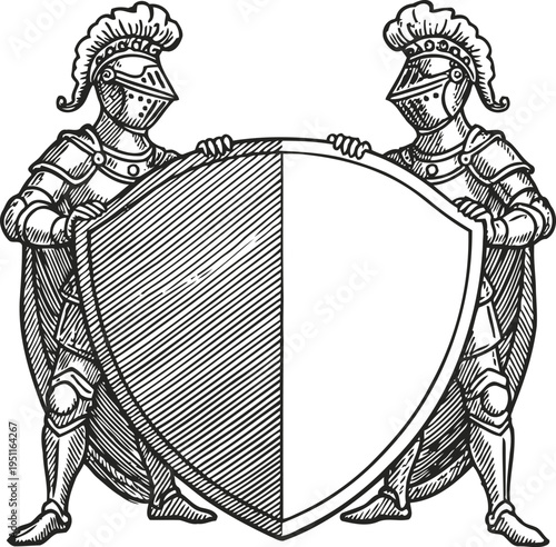 Two medieval knights in armor holding a large blank shield, vintage engraving illustration