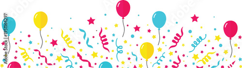 Festive border of balloons, stars, confetti, and streamers in bright colors on transparent grey background