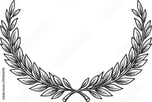 Laurel wreath illustration with detailed leaves in symmetrical curved design