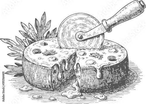 Vintage illustration of round pizza with toppings and melting cheese cut by a pizza cutter