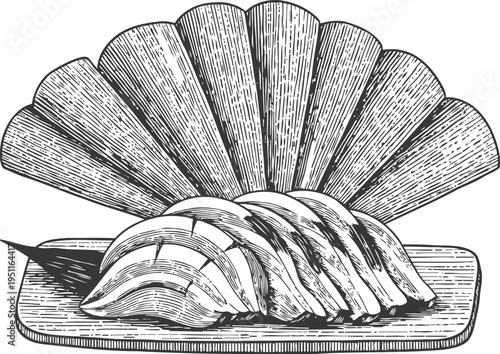 Hand drawn sushi pieces on wooden plate with decorative folding fan background vintage