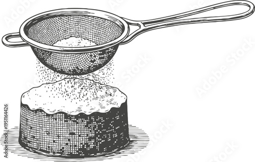 Powdered sugar being sifted over a round cake with a fine mesh sieve
