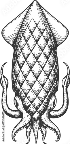 Detailed vintage squid illustration with textured body and curling tentacles in black and white