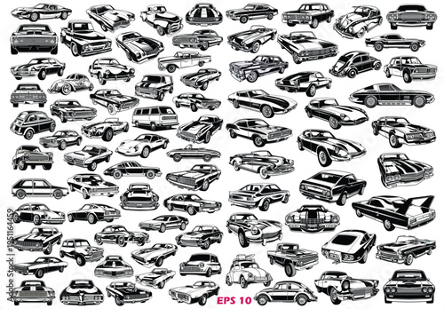 Mega Collection of Classic Muscle Cars and Vintage Automotive Sketches. Detailed Monochromatic Vector Illustration Set of Retro Vehicles.