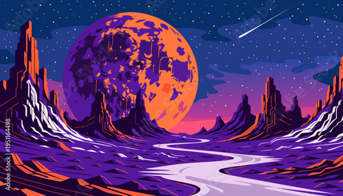 "A professional, high-resolution digital illustration of a vibrant alien planet landscape at twilight, isolated on a wide cinematic frame. The scene features a massive, glowing purple and orange moon 