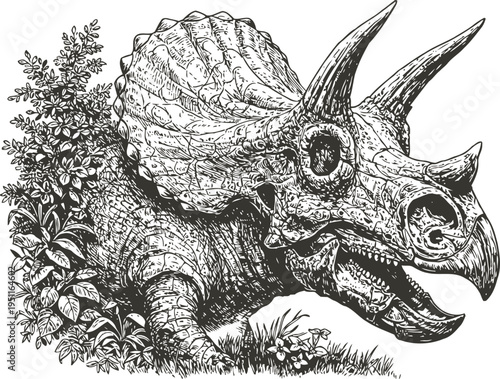 Detailed hand drawn triceratops dinosaur head with textured skin and foliage background illustration