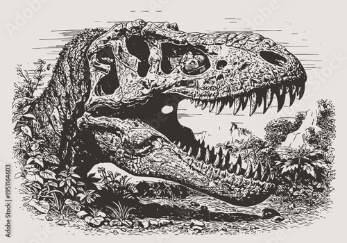 Tyrannosaurus rex skull with open jaws detailed illustration in prehistoric environment