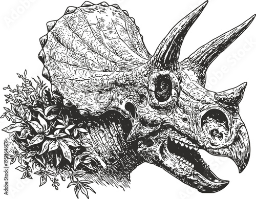 Detailed black and white triceratops dinosaur skull illustration with foliage decoration