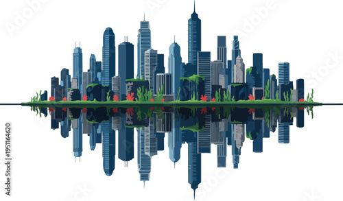 Futuristic city skyline with skyscrapers reflected in water, representing urban landscape