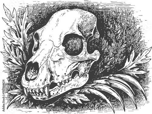 Detailed animal skull surrounded by leaves and botanical elements in black and white engraving