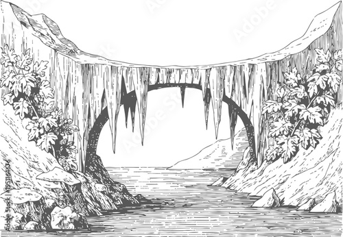 Natural rock arch over water with hanging stalactites and surrounding vegetation in vintage
