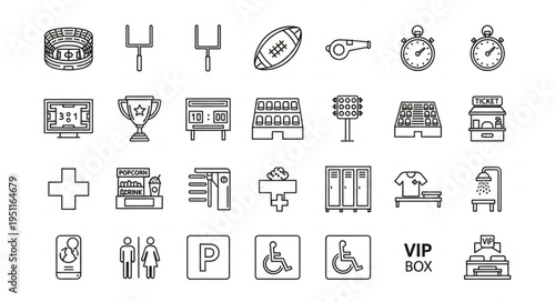 Collection of Football Icons - Stadium, Equipment, and Amenities.