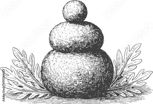 Vintage hand drawn daruma doll with leaf decoration sketch art illustration