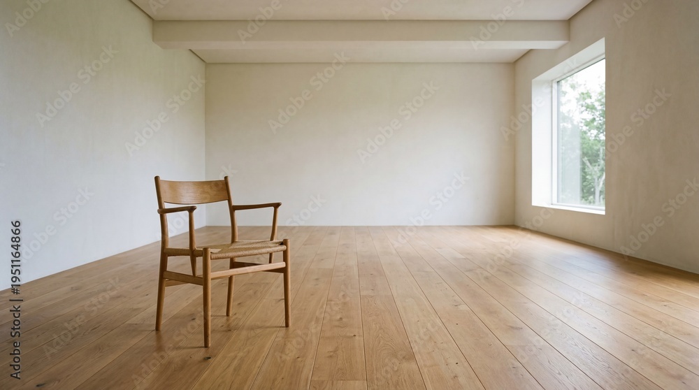 Fototapeta premium Elegant wooden chair sitting in minimalist empty room