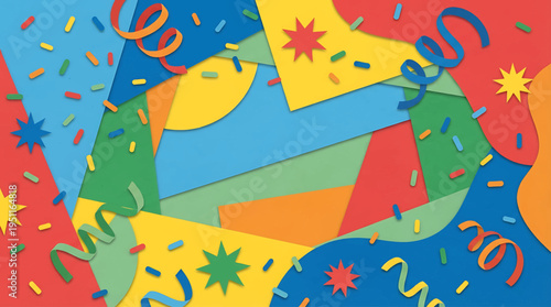 Dynamic papercut celebration backdrop with a playful array of colorful shapes, festive confetti, and curling streamers, evoking joy and party spirit
