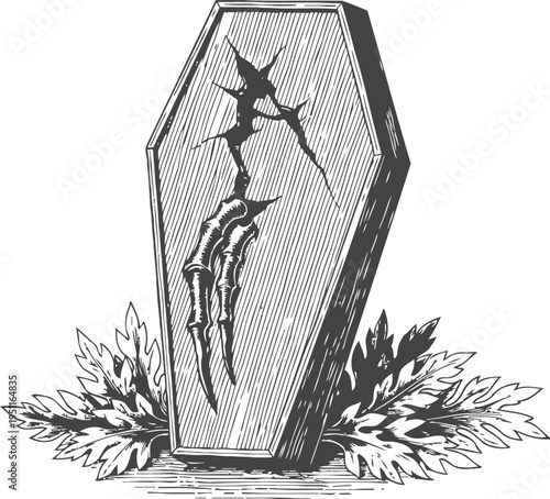Vintage wooden coffin with claw mark and leaves illustration halloween spooky gothic horror design