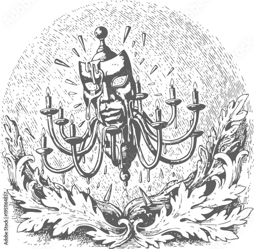 Melting mask chandelier with lit candles surrounded by decorative leaves and rays