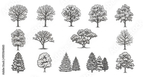 Diverse Tree Illustrations - A Collection of Hand-Drawn Tree Sketches.